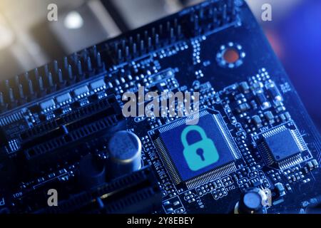 closeup Locked electronic circuit board, Computer Security concept hardware concept. Stock Photo