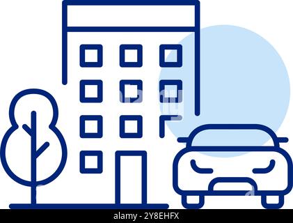 Apartment building, tree and car. Accessible urban residence with parking. Pixel perfect vector icon.  Stock Vector
