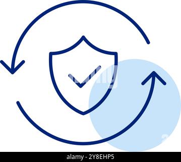 Shield with checkmark in renew arrows. Ongoing reliable safety, sustained protection through continuous update. Pixel perfect vector icon Stock Vector