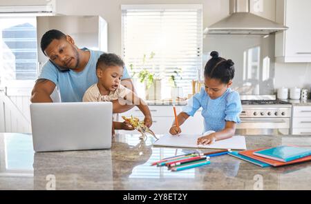 Remote work, father or children with homework in home for freelance worker, phone call or education. Family, kids or man with laptop for writing Stock Photo