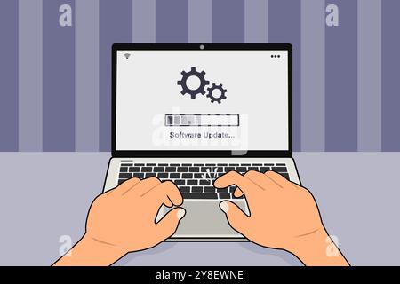 A laptop on the table with updating progress bar on screen. Software system update process concept. Vector illustration. Stock Vector