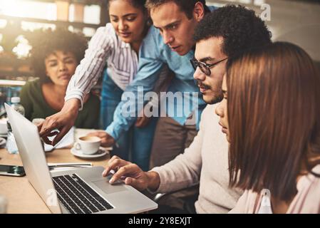 Business people, collaboration or laptop for meeting in cafe for startup project development or company website launch. Remote work, team lunch or Stock Photo