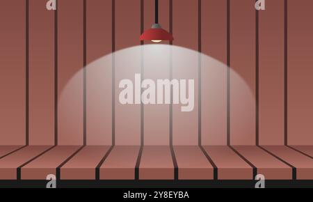 Empty wooden deck table with hanging lamp for present product background. Vector illustration. Stock Vector