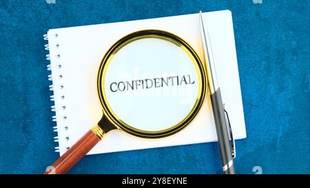 CONFIDENTIAL word alphabet letters through a magnifying glass on a blank sheet of notepad. Stock Photo