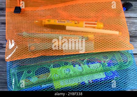 Cairo, Egypt, September 13 2024: pencil box case with ruler, pen, pencil and eraser inside it, for students and kids, back to school concept, schools Stock Photo