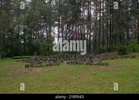 Riga, Lithuania - Sep 13, 2024: Holocaust memorial in Rumbula forest. Here 26,000 people, most of them Jews, were executed during World War II. Cloudy Stock Photo