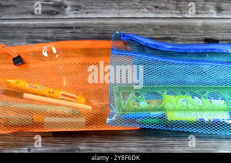 Cairo, Egypt, September 13 2024: pencil box case with ruler, pen, pencil and eraser inside it, for students and kids, back to school concept, schools Stock Photo