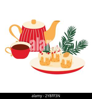 Hand drawn winter vector illustration with teapot, cup of tea, cupcakes with berries, fir tree. Isolated on white.  Stock Vector