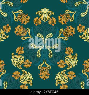 Vector decorative art nouveau seamless pattern with mandalas of irises and freesias on green background. Ornamental texture with yellow blooming flowe Stock Vector