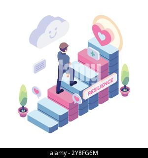 Isometric Businessman Climbing Steps of Resilience. Building Resilience and Personal Growth Concept Stock Vector