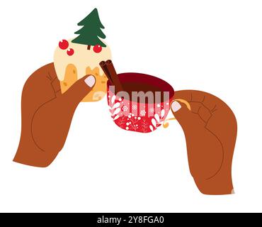Christmas tea time. Hand drawn winter vector illustration with dark skinned hands holding cupcake and cup of hot tea. Isolated on white. Stock Vector