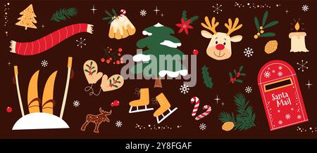 Hand drawn winter illustrations set. Santa mail box, fir tree, mittens, ski in the snow, Christmas cake, scarf, candle, gingerbread. Vector illustrati Stock Vector