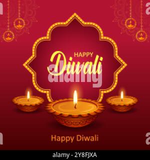 illustration of burning diya on Happy Diwali Holiday background for light festival of India Stock Vector