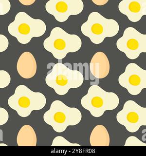 Seamless pattern with fried eggs and whole eggs on a dark background, flat simple design style. Stock Vector