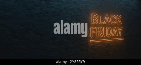 Black Friday neon sign on a brick wall. 3d render, web banner format Stock Photo