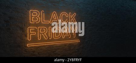 Black Friday neon sign on a brick wall. 3d render, web banner format Stock Photo