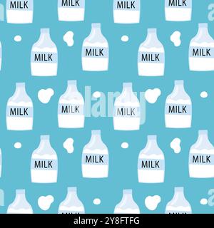 Seamless pattern of milk bottles and splashes on a light blue background in a simple flat style. Stock Vector