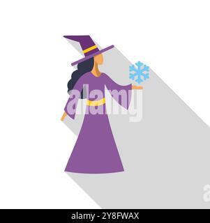 Beautiful young witch casting a spell conjuring snowflake with magic wand Stock Vector