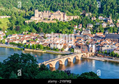 Heidelberg view on castle, Neckar river and old bridge from above in Heidelberg, Germany Stock Photo