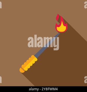 Red hot burning metal rod with wooden handle flat design icon with long shadow on brown background Stock Vector