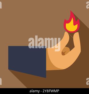 Businessman hand is holding a burning match in this flat style illustration with long shadow Stock Vector