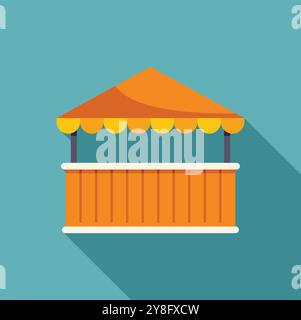 Street food stall with orange awning for selling products at the market, flat vector illustration with long shadow Stock Vector