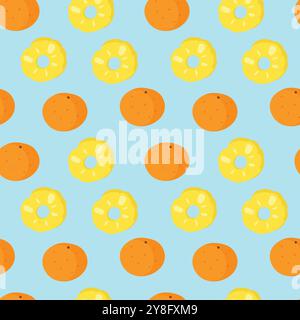 Seamless pattern with orange and pineapple slices on light blue background in a flat design style. Stock Vector
