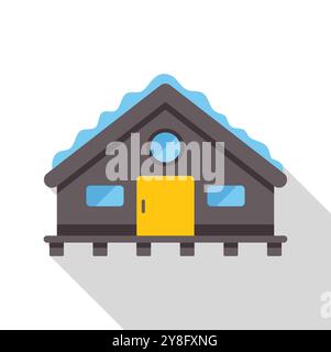 Small wooden house covered by snow with yellow door flat long shadow icon, vector illustration Stock Vector