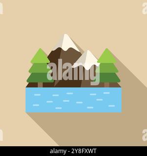 Minimalist vector illustration featuring a mountain range with snowy peaks reflected in a lake and pine trees in the foreground Stock Vector