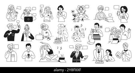 Diverse people using smartphones and computers icons set Stock Vector