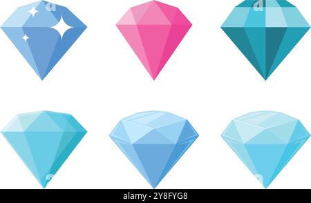 Diamond gemstone icon set in flat style. Jewelry gem vector illustration on isolated background. Luxury brilliant sign business concept. Stock Vector