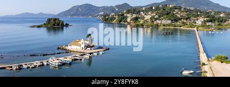 Vlacherna monastery and Mouse Island at Mediterranean sea panorama from above vacation on Corfu island in Greece Stock Photo