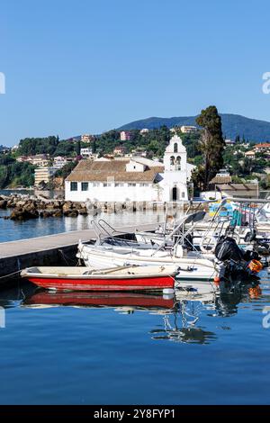 Vlacherna monastery at Mediterranean sea portrait format vacation on Corfu island in Greece Stock Photo