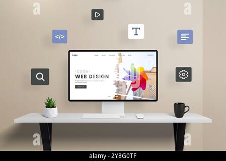 Computer display featuring web page modules flying around a web design studio page, illustrating the dynamic process of website creation. Perfect conc Stock Photo
