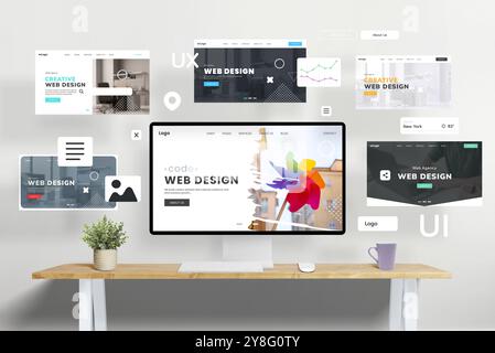 Web design studio concept pages flying around with web page modules, showcasing the creative process of building and presenting a portfolio. Ideal ima Stock Photo