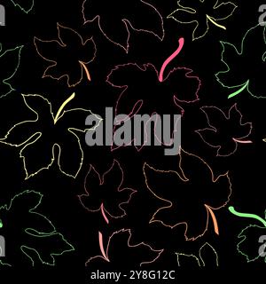 Seamless pattern with contours of fig leaves on a black background Stock Vector