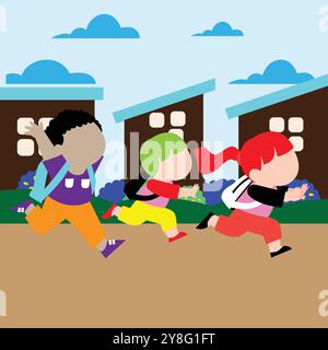 Happy school students kids smiling and running with backpack in nature scenery, vector illustration graphic design. Stock Vector