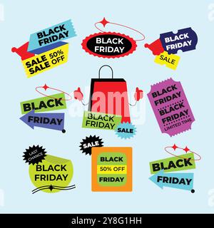 Black Friday Sale Event. Flat People Characters with Shopping Bags. Big Discount, Promo Concept, Advertising Poster, Banner. Vector illustration. Stock Vector