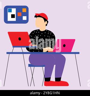 Office work concept. Colored flat illustration of home workplace. A man with a laptop works sitting behind a desk. Stock Vector