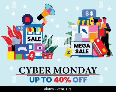 A collage of pictures of people with bags, Cyber Monday online shopping. Stock Vector
