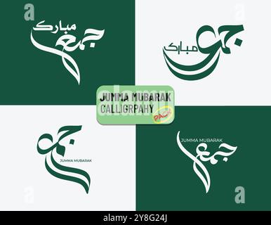 Jumma Mubarak Arabic Calligraphy in a set 4 English translation ' Bless Friday', beautiful Arabic calligraphy, with green and white background, editable Stock Vector