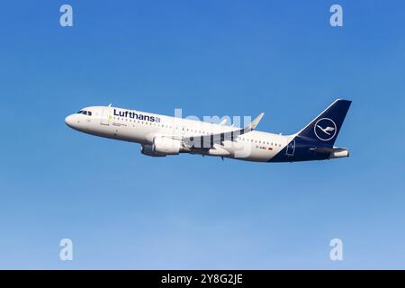 Munich, Germany - February 6, 2024: Lufthansa Airbus A320 airplane at Munich Airport (MUC) in Germany. Stock Photo