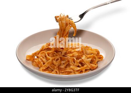 Tagliatelle pasta with tomato sauce on fork over white plate isolated on white with clipping path included Stock Photo