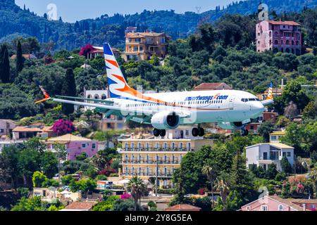 Corfu, Greece - June 8, 2024: Smartwings Boeing 737 MAX 8 airplane at Corfu Airport (CFU) in Greece. Stock Photo