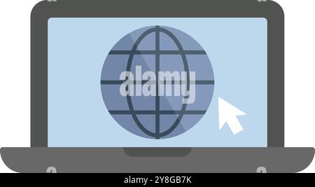 Laptop computer is displaying a web browser with a globe icon and a mouse cursor clicking on it Stock Vector