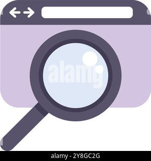 Magnifying glass is hovering over a simplified web browser window, symbolizing online search and information retrieval Stock Vector