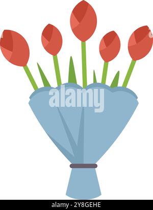 Bouquet of red tulips wrapped in blue paper tied with a black ribbon, a perfect gift for valentine's day or mother's day Stock Vector