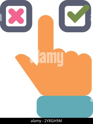 Hand is deciding between a green checkmark and a red cross in square boxes Stock Vector