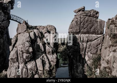 Natural attractions in Germany drone view of the Externsteine a sandstone rock formation in the Teutoburg Forest Stock Photo