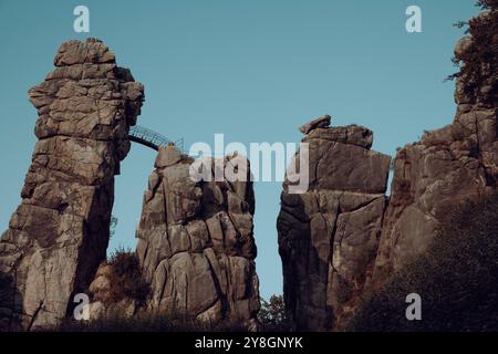 Natural attractions in Germany drone view of the Externsteine a sandstone rock formation in the Teutoburg Forest Stock Photo